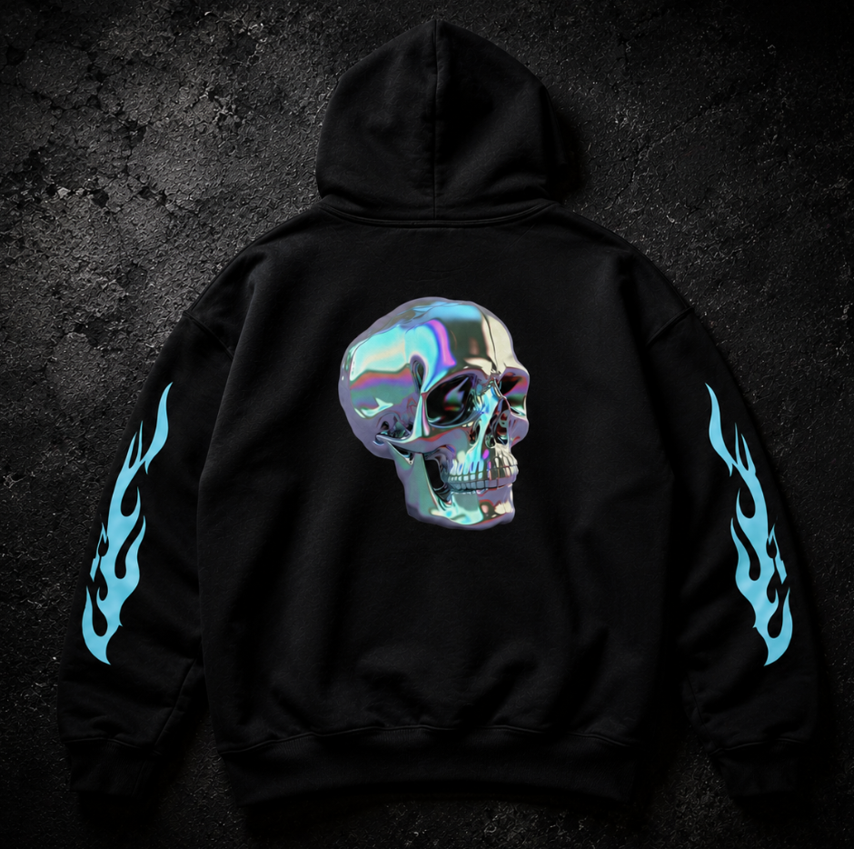Black hoodie with a holographic skull design on the back against a dark background